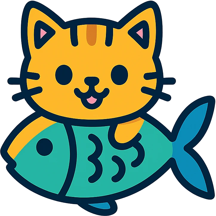 playful cartoonish cat with a fish-shaped body, colorful icon style emoji