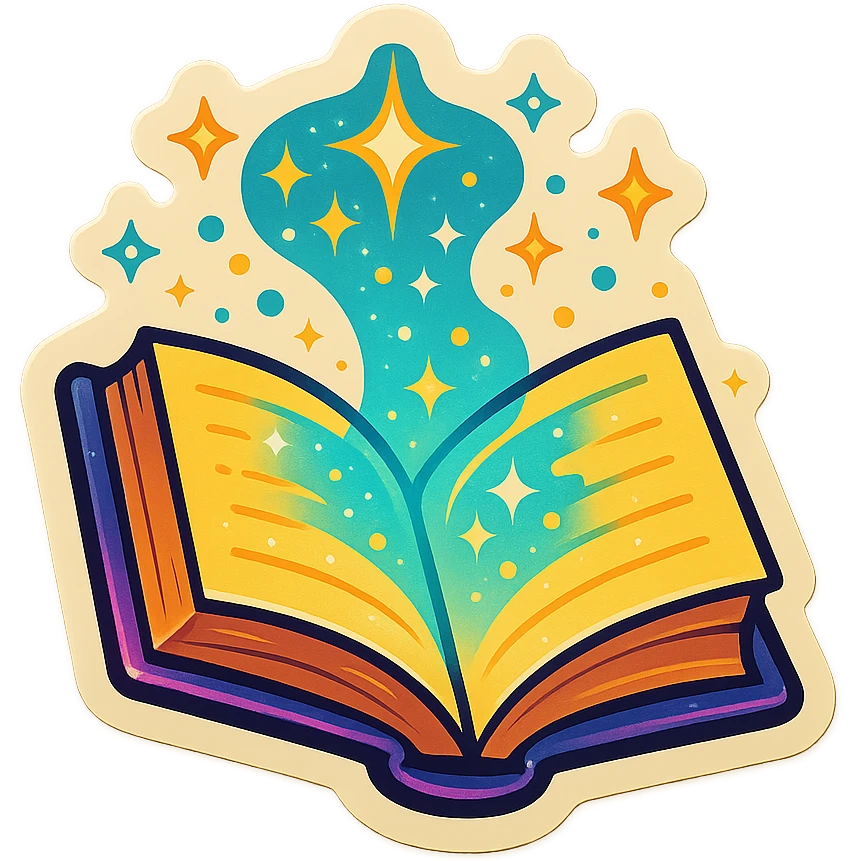 A magical book with energy and sparkles emanating from it, with bold outlines, expressive shadows, and highlights, playful and detailed retro sticker look emoji