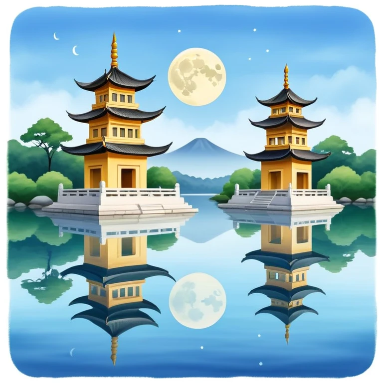 Three Pools Mirroring the Moon, West Lake Hangzhou, simplified emoji style, three small pagodas on water with moon reflection, cute cartoon style emoji