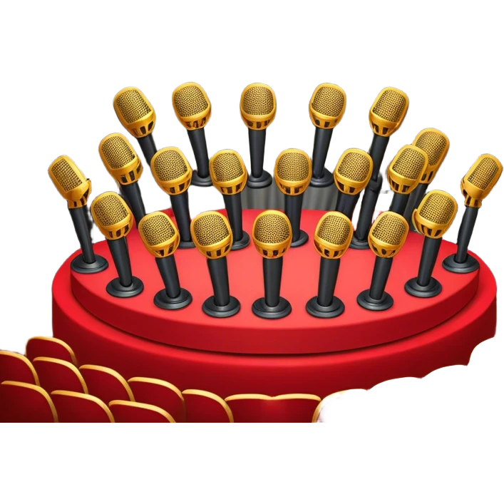 Create a vibrant and dynamic emoji that represents choral vocal performance. The design should feature 10 vintage stage microphones arranged in a semi-circle on a concert stage, symbolizing a vocal group or choir. Add musical notes flowing around the microphones to represent harmony and unity in the performance. Include concert lighting and a celebratory atmosphere to convey the excitement of live music. Use bright, bold colors like red, gold, and silver to emphasize the energy and glamour of the stage. The background should be transparent. emoji