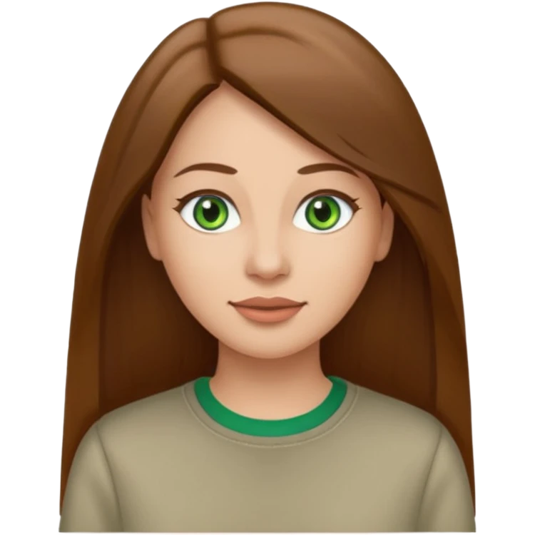 Adult woman avatar, light skin tone, oval face, straight long brown hair, green eyes, neutral mouth, casual  emoji