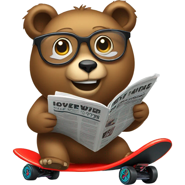 Bear riding a hoverboard while wearing glasses and reading a newspaper. emoji