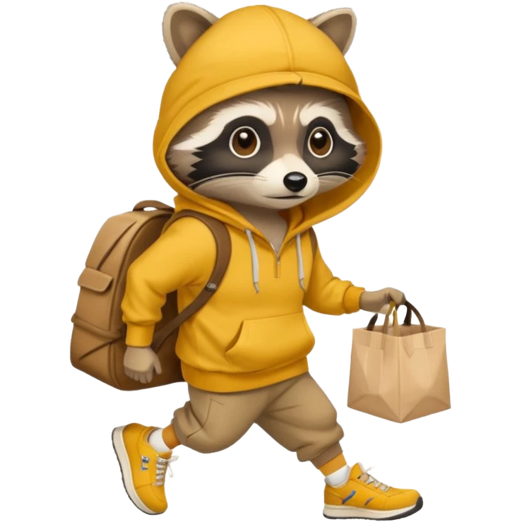 Crear ub mapache que sea solo dibujado con sudadera color mostaza y zapatillas + gorra que esté robando un Pancho con packaging que diga Rocco emoji