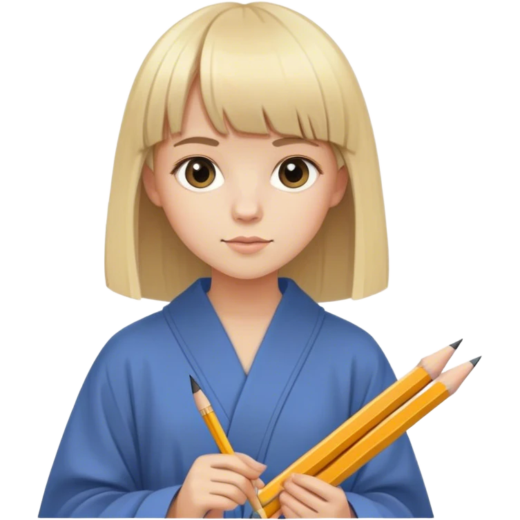 young very happy artist with straight blonde hair and bangs, with pencil ad paper and modern robe emoji