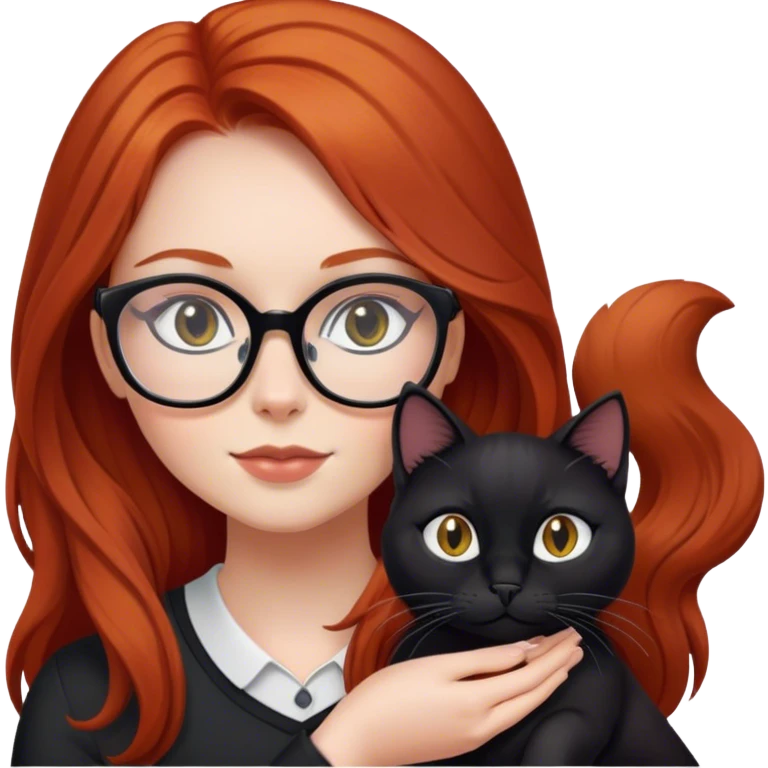 redhead with long hair and glasses with her black cat emoji