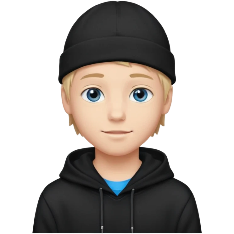 handsome and young teen pinterest boy good at fashion. popular among 'that brat girl', wearing hoodie (no blue) and beanie with blue eye  and little smile  emoji