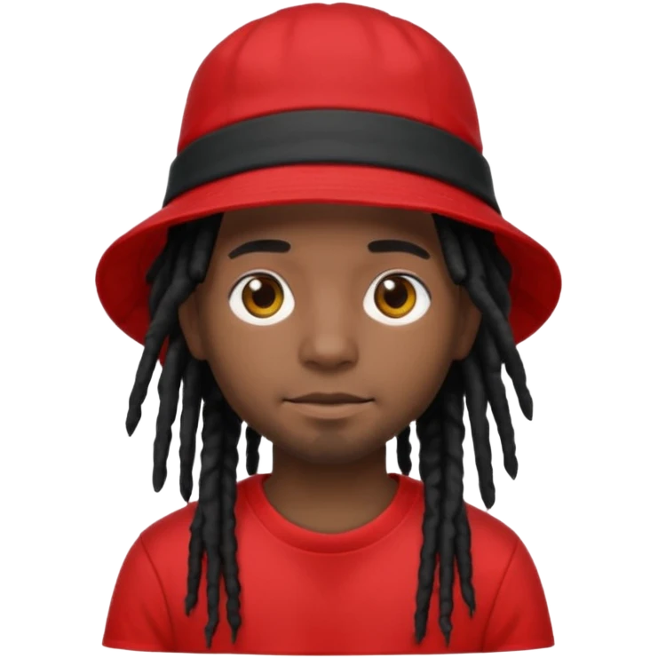dark brown skin, black hair dreadlocks, wear red t-shirt, black bucket hat emoji