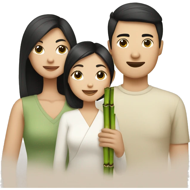 Asian with white skin and black hair: mom,dad,and daughter holding bamboo emoji