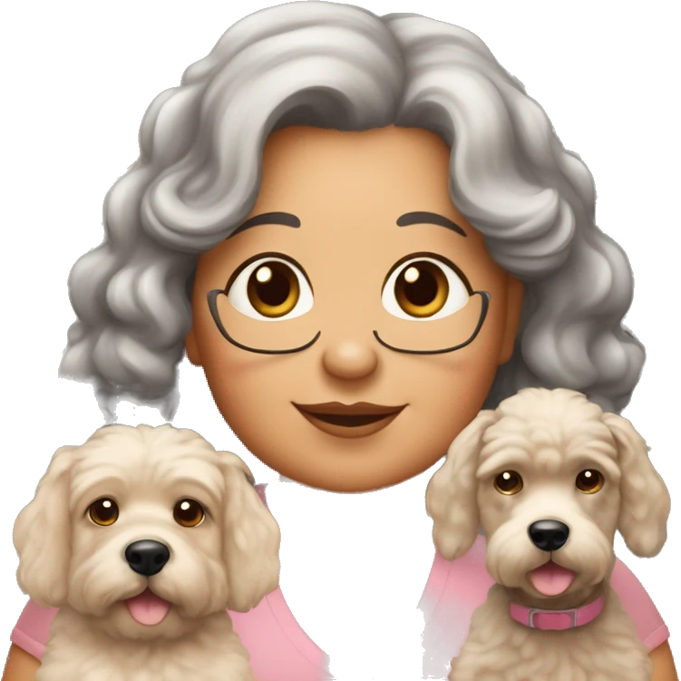50 year old chubby woman with 03 dogs being a black poodle, a big ear caramel and a baby shorthair caramel emoji