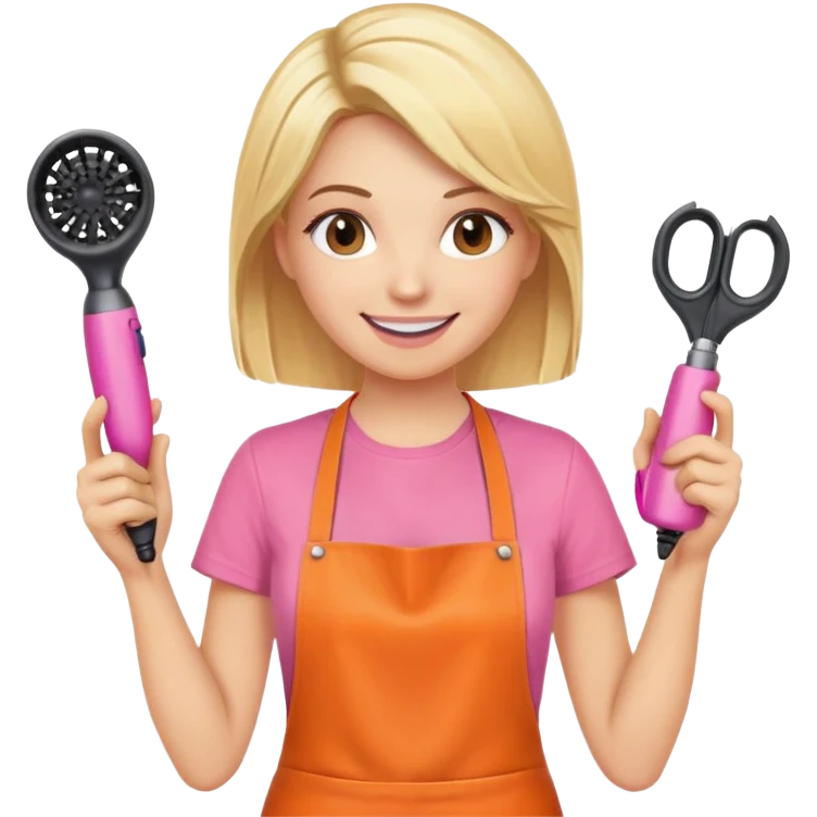 smiling blonde woman hairstylist wearing pink t-shirt and orange apron, hands raised, holding scissors and hairdryer emoji