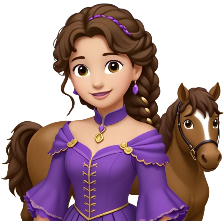 Jeune femme avec de longs cheveux bruns attachés en une haute queue-de-cheval bouclée, portant une robe violette moulante avec des broches dorées sur les bretelles, regard en coin et sourire malicieux, style animation Disney emoji