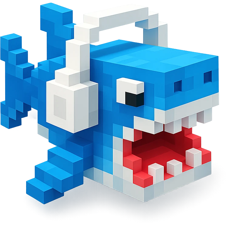 voxel style shark with white headphones, open mouth, blocky, blue and silver, no background emoji