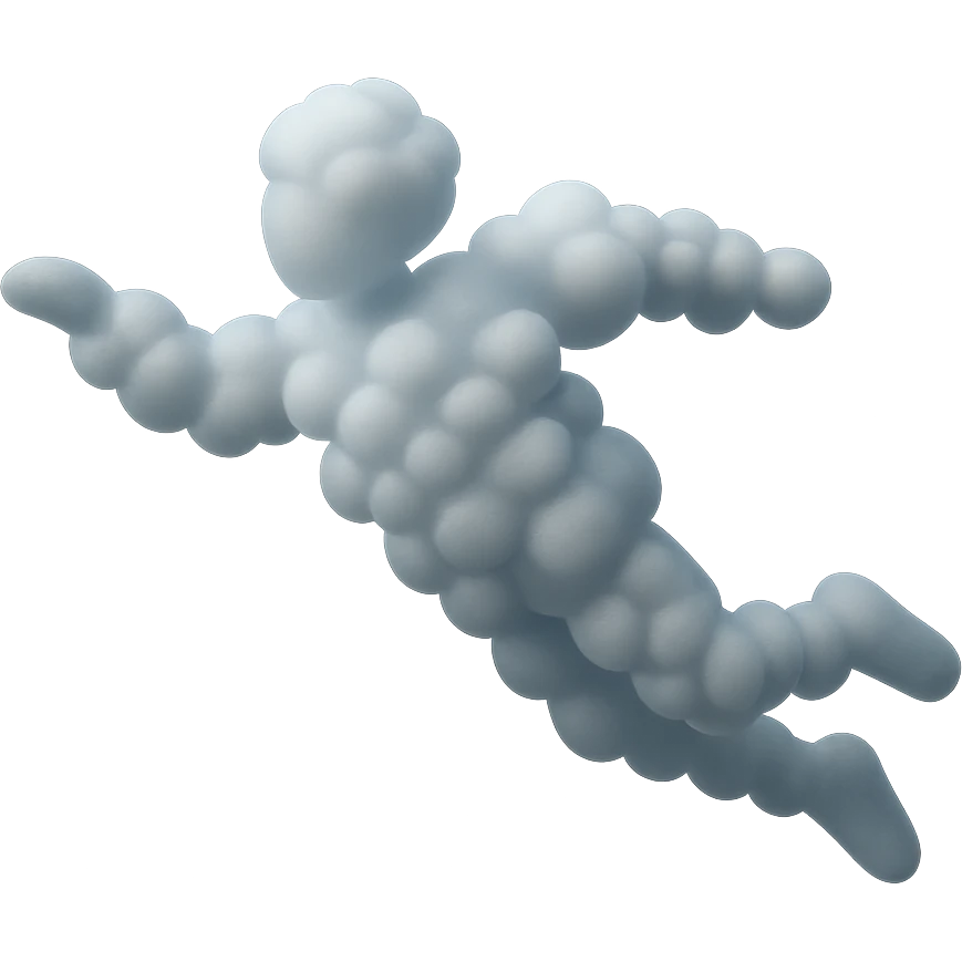 flying person with body made of small white fluffy clouds, matte glass style, simple pose, no background emoji