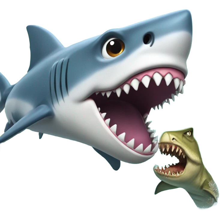 A shark boucning on a dinosaur emoji