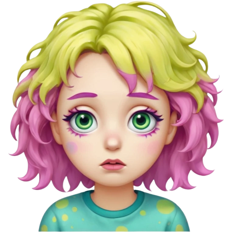 messy, wavy chartreuse hair, with pink specks, bushy eyelashes, and big round eyes, with irises that are teal on the outside and yellow on the inside while making a pouty face saying pay attention to me in bubble words emoji