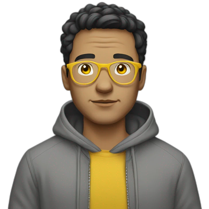 White man with yellow tinted glasses and black hair in a gray hoodie emoji