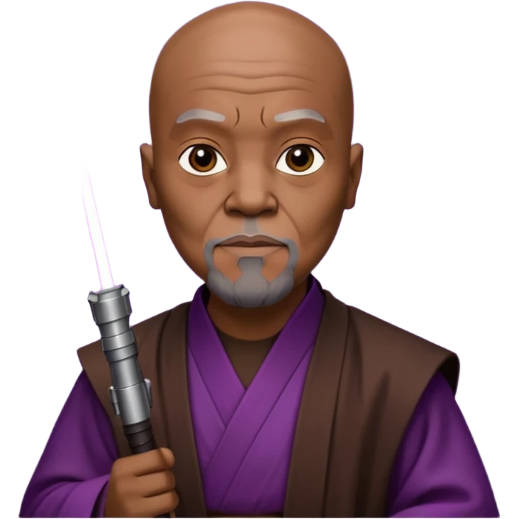 star wars master windu bald head, no facial hair, brown jedi outfit with purple lightsaber emoji