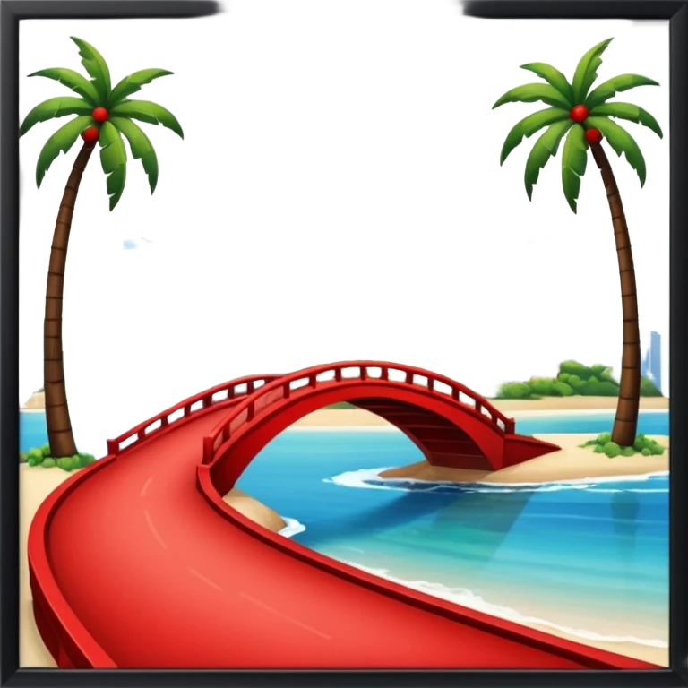  island with modern buildings, beaches with palm trees, and a red bridge on one side emoji
