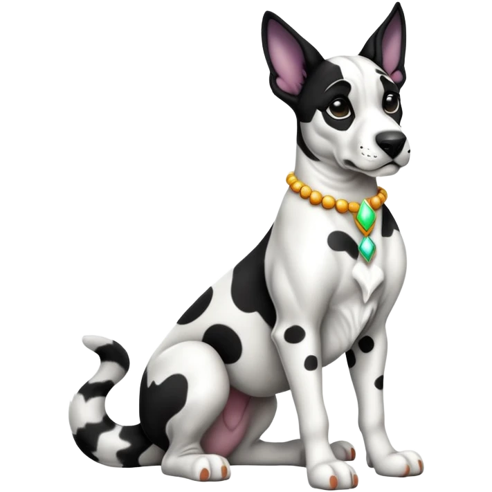 cinematic-[harlequin dane]-realistic-full-body-sitting-emoji,-tail-resting-loosely-beside-its-paws,-head-tilted-dramatically, ears drooped, -sleek-[black and white]-fur,-simplified-yet-realistic-focused-features,-highly-detailed,-glowing-with-an-almost-sarcastic-glow emoji