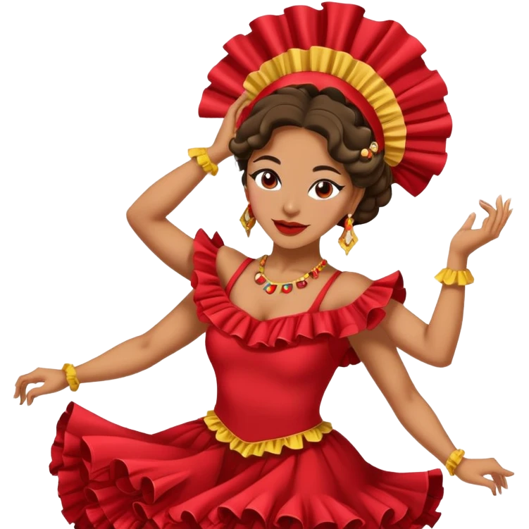 Female Colombian salsa dancer with ruffle dress, traditional Colombian headpiece, mid-dance move emoji