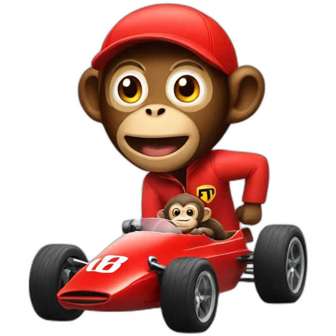Monkey in a F1 red car with a man running after him emoji
