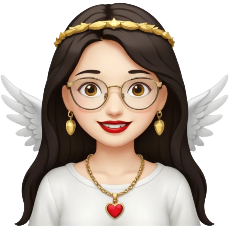 Angel girl with eyeglasses and Middle parted hair long dark hair with red lipstick  and push gold necklaces and dark eyes with withe wings and smile with withe teeth emoji