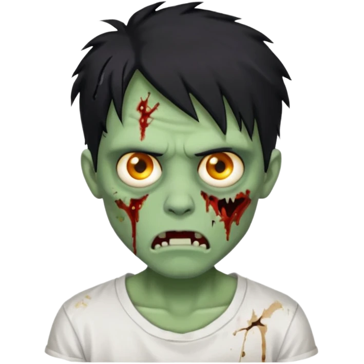 Rosto de frente classico de zombie boca meio torta cabelos medios grandes pretos bagunçados low fade com pele verde clara camiseta branca emoji