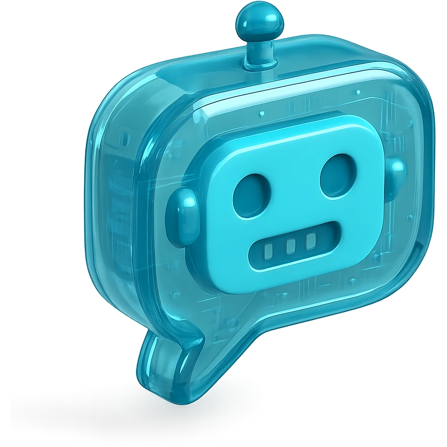 Icon of a speech bubble with a robot face, cyan blue emoji