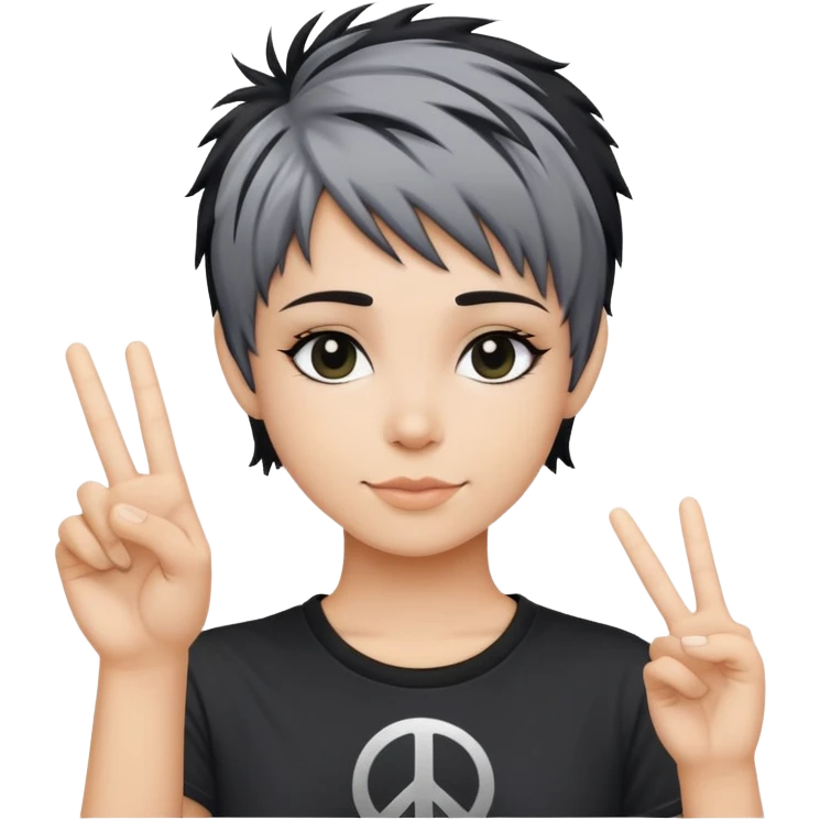pixie shag hair black with streaks of gray, dark T-shirt with a peace sign  emoji