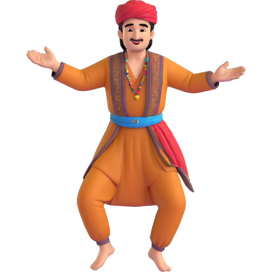 cartoon sticker of a Kurdish man in traditional clothing dancing Kurdish dance with hands raised and foot movement, colorful and joyful, no text, suitable for WhatsApp and Instagram emoji