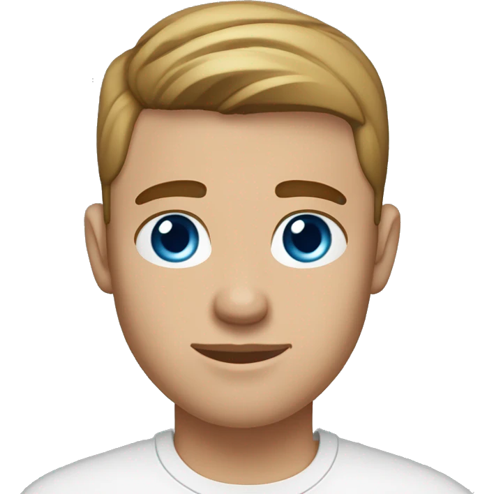 A guy with blue eyes, light skin, shaved brown hair under 0.5, wearing white T-shirt, a silver earring piercing with a cross on one ear. emoji