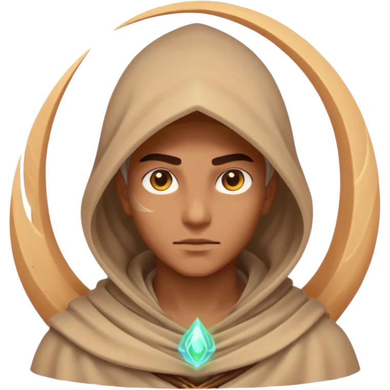 desert sand mage portrait, head and shoulders only, mystical hood, swirling sand aura, glowing eyes, fantasy vibe, 3D cartoon, mobile game icon style, clean background, no text, no watermark
 emoji
