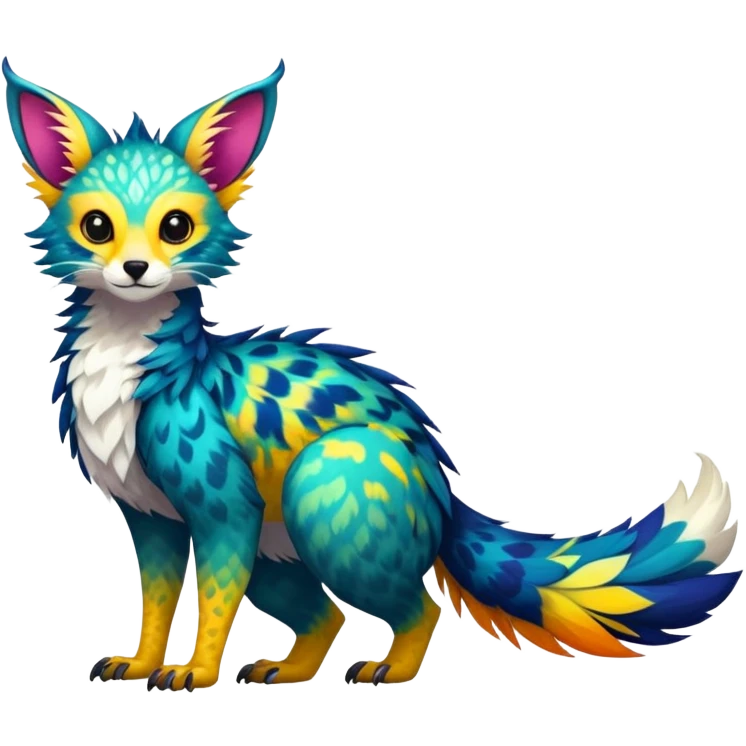 Feral Rare Fantasy vibrant tropical Vernid-Trico-species-creature by LiLaiRa, random markings, tufted tail, tufted ears, full body emoji