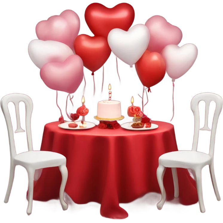 Red romantic party setting for two people and heart balloon  table with white cloth and candle with bows on the table and white Korean cake emoji