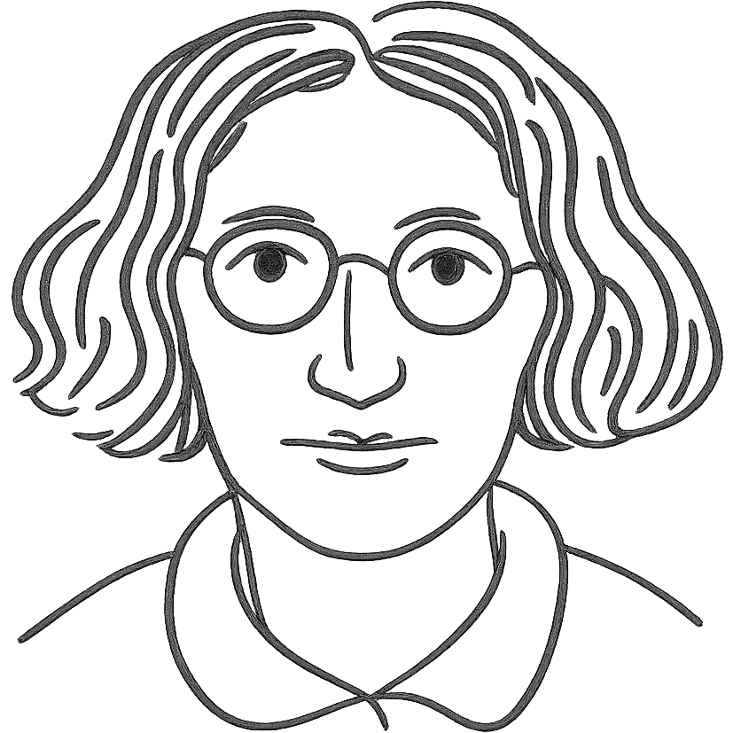 a hand drawn black outline portrait of philosopher Simone Weil with similar size eyes based a famous photograph of her emoji