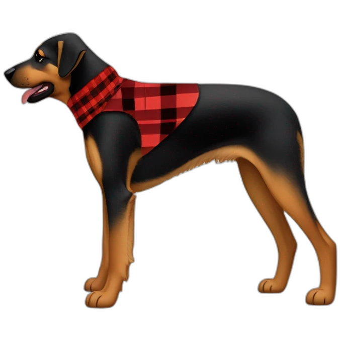 75% Coonhound 25% German Shepherd mix dog wearing small pointed red buffalo plaid bandana pointing down side view full body facing left emoji
