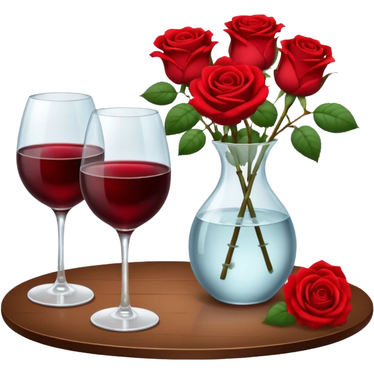  romantic table set for two with roses in a vase of water and 2 glasses of red wine emoji