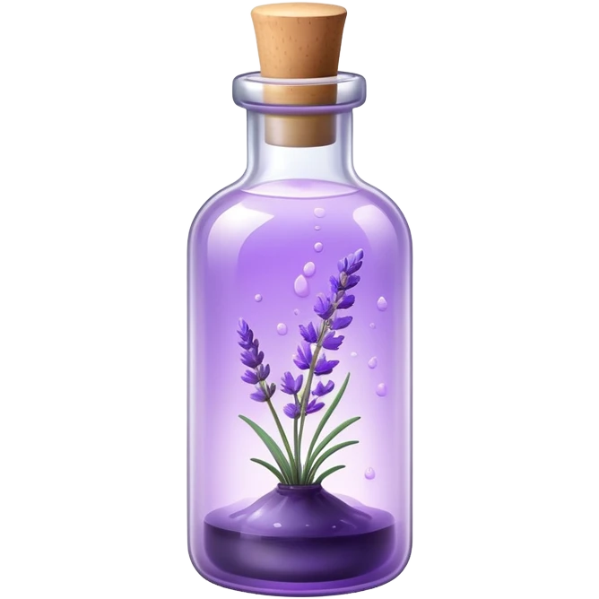 A small glass bottle with floating lavender and glowing mist inside. emoji