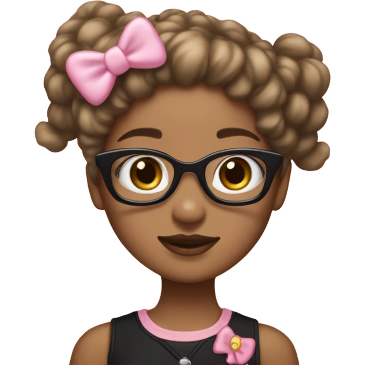 A light brown skin girl wearing black glasses that have hello kitty charms on them with a light pink bow on the side of the girls head emoji