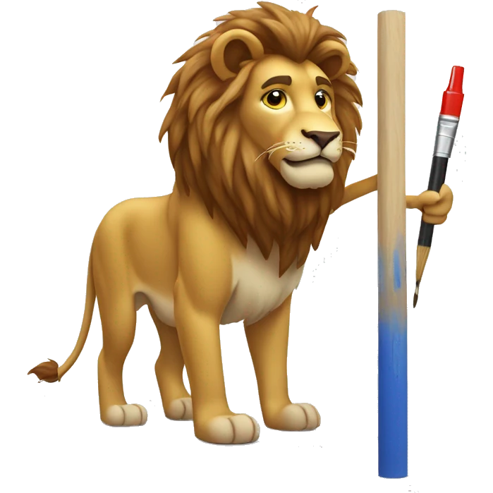 lion standing holding paint roll one hand and point the whiteboard other hand with painter dress emoji