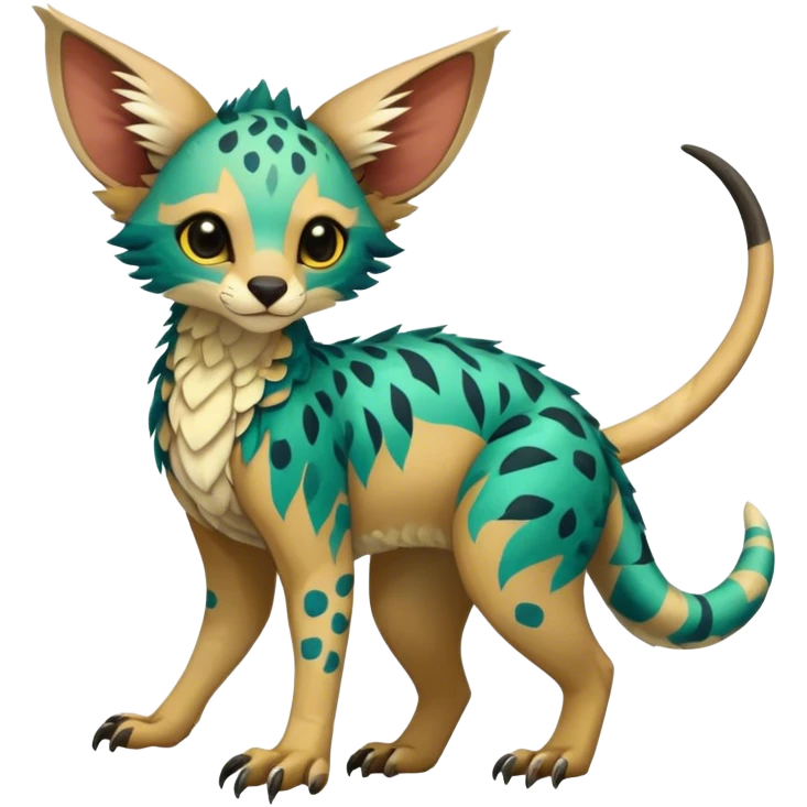 Feral Rare Fantasy vibrant tropical Vernid-Trico-species by LiLaiRa, random markings, tufted ears, full body emoji