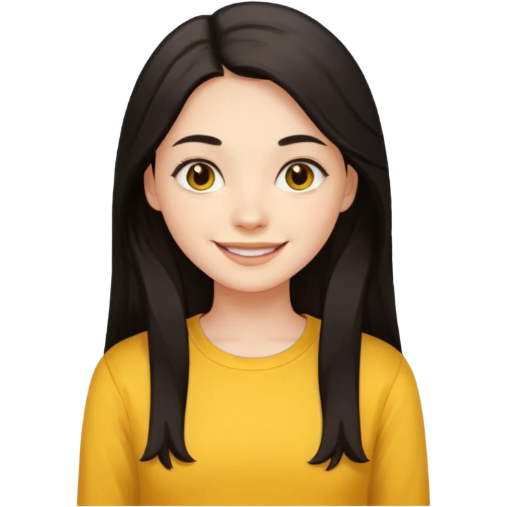 girl using her laptop, long dark hair with no part, white skin and yellow shirt long sleeves, smiling emoji