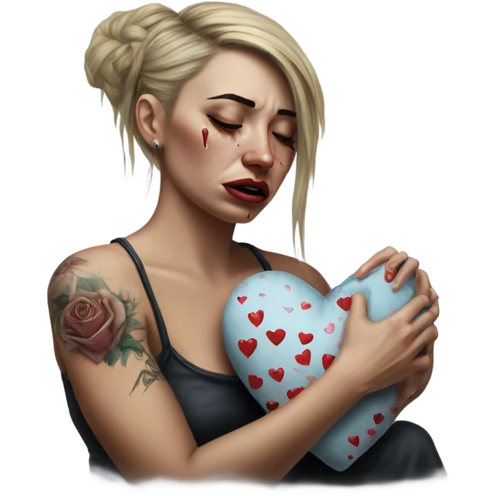 Hyper Realistic Beautiful tattooed woman crying holding a broken heart cushion emoji
