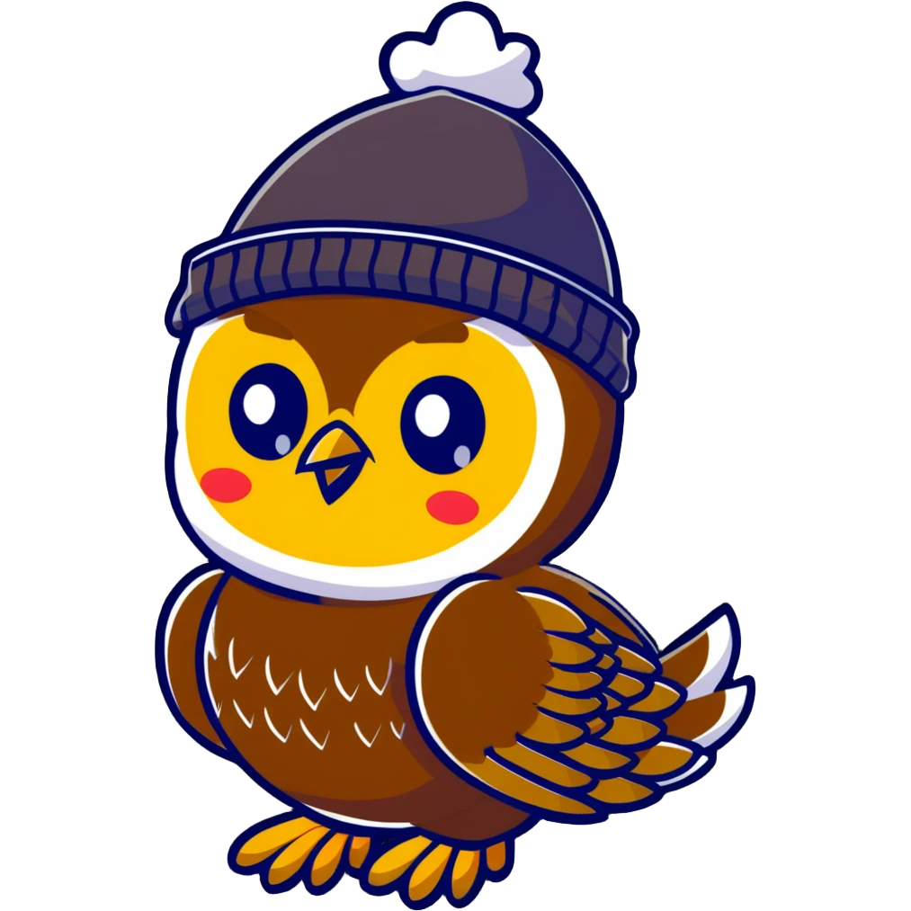 golden owl with shiny feathers. With a knitted hat in head  emoji