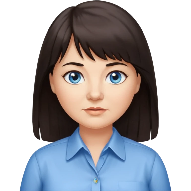 50 yr old woman, blue eyes, long straight dark brown hair, business shirt, chubby, bangs emoji