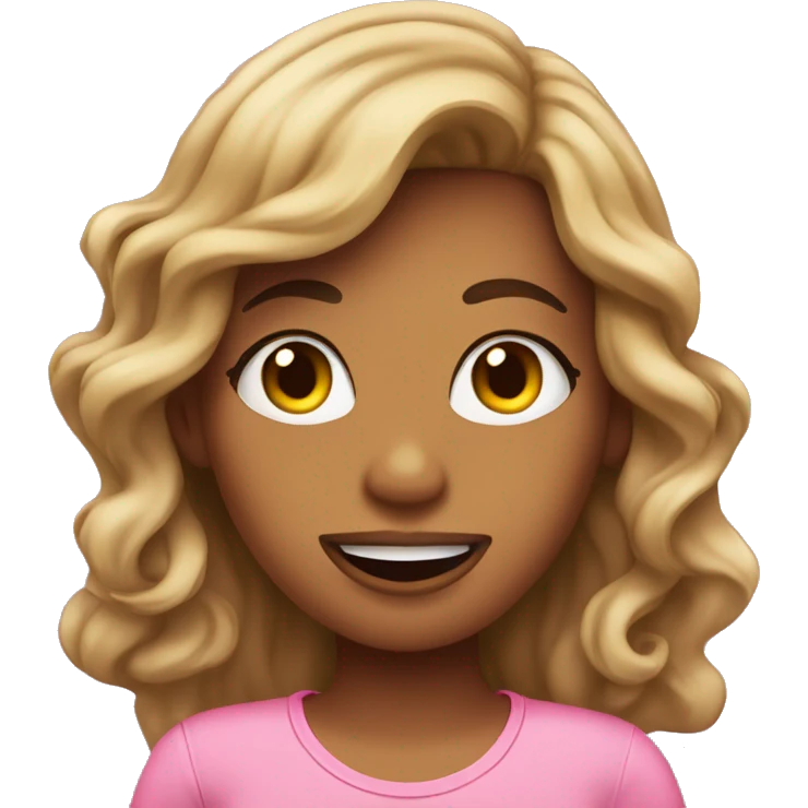tan girl w/ long curled hair sticking her tongue out wear a pink short sleeve shirt emoji