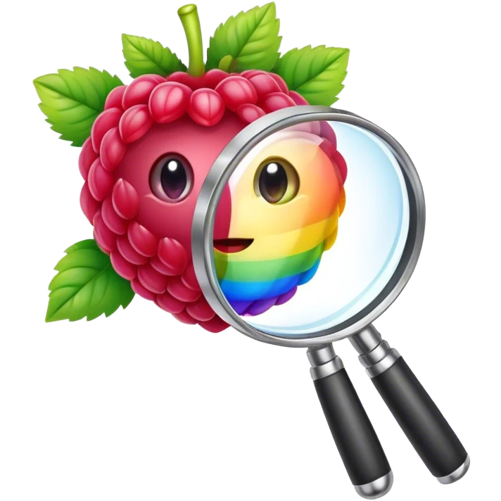a raspberry holds a rainbow colored magnifier with its budding from handle of magnifier emoji