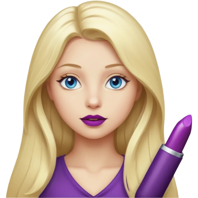Girl, long blond hair, blue eyes, eggplant as lipstick emoji