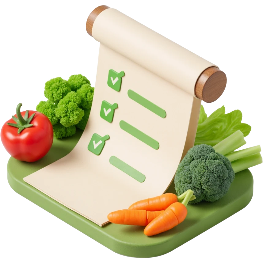 floating rolled paper list with green checkboxes and around vegetables emoji