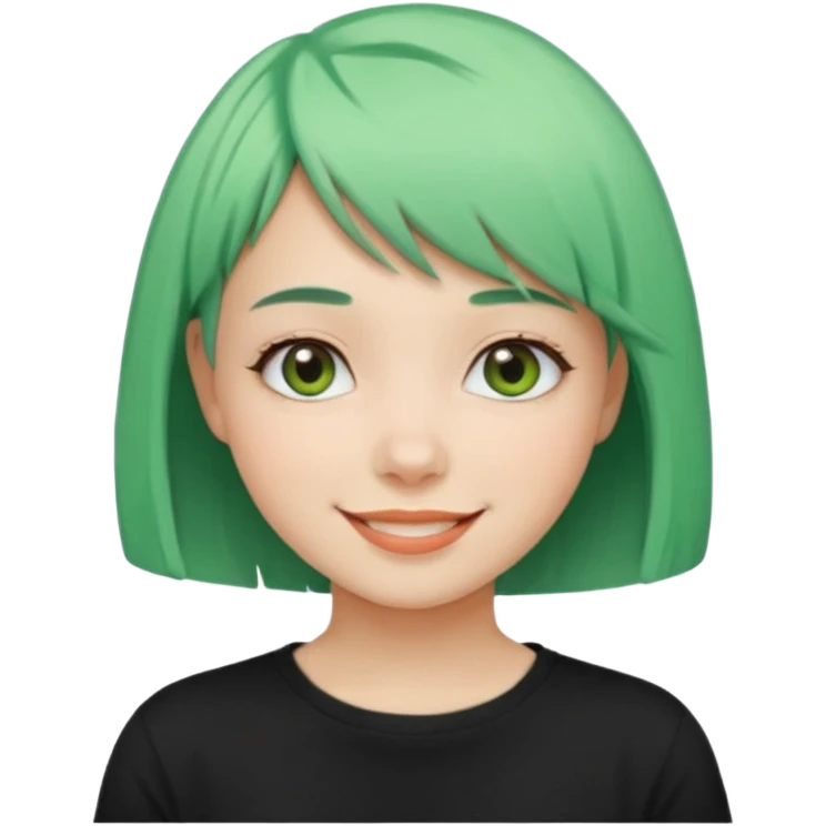 Girl with Mint Bob Cut – short green hair, cheerful smile, black t-shirt emoji